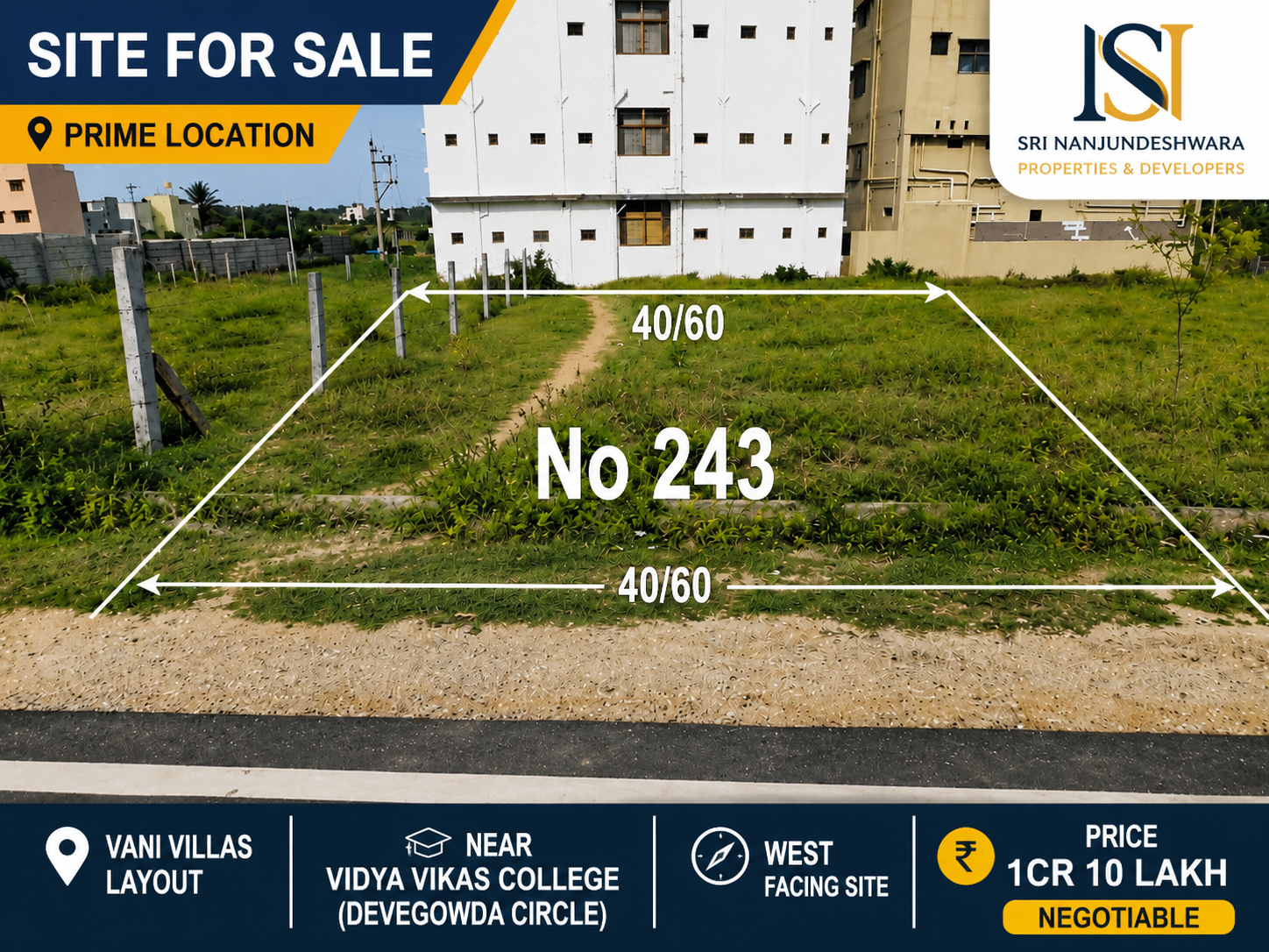 West-facing 40x60 site in Vani Villas Layout